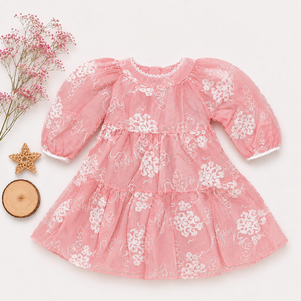 Ethereal Organza Tiered Dress with White Cloud Embroidery