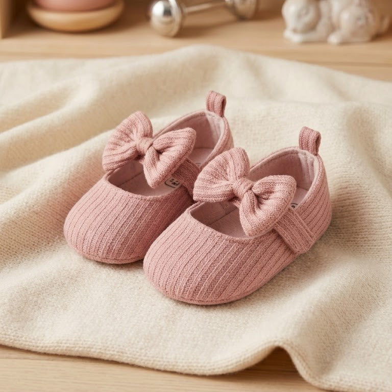 Dusty Rose Ribbed Knit Bow Mary Janes