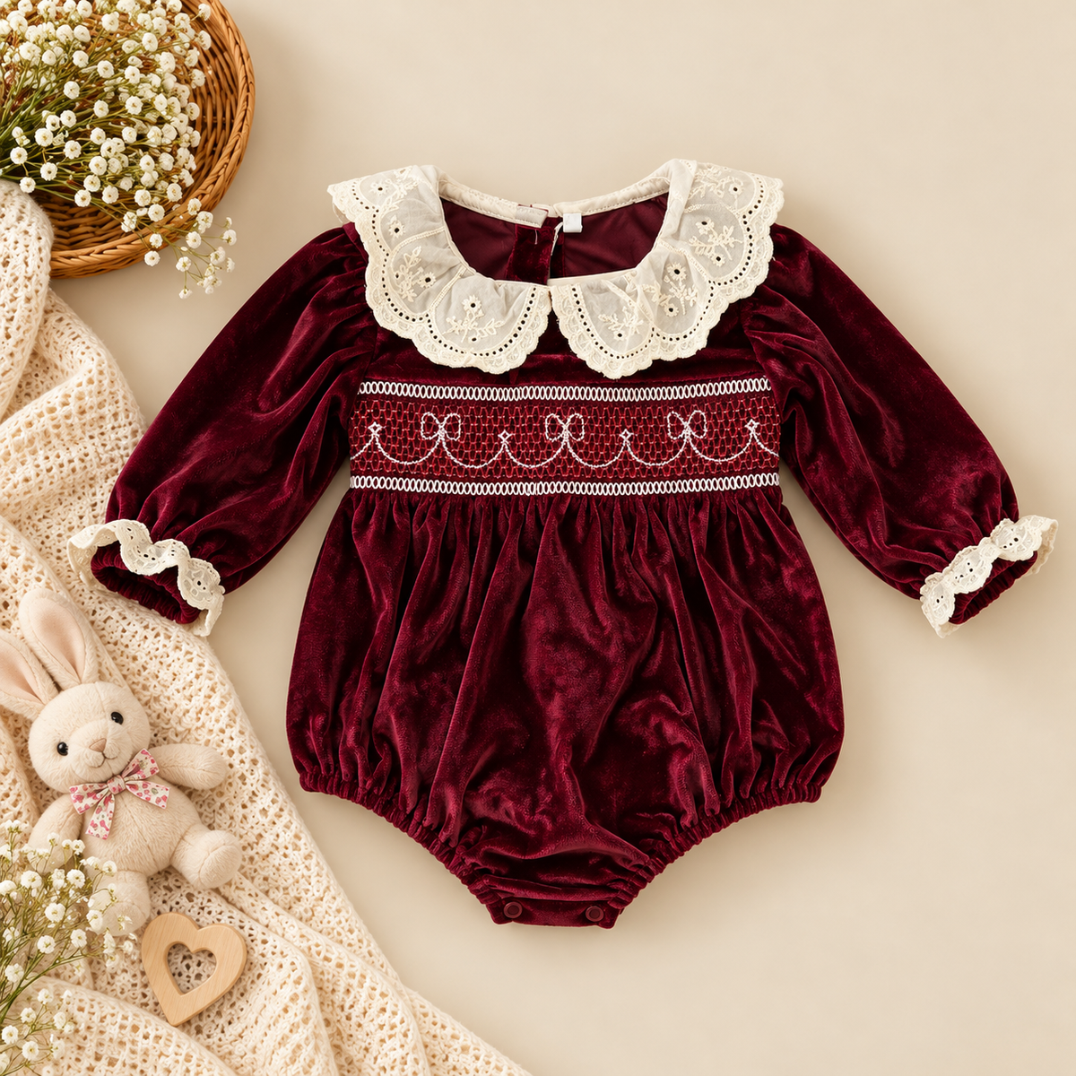 Velvet Baby Girl Romper with Lace Collar