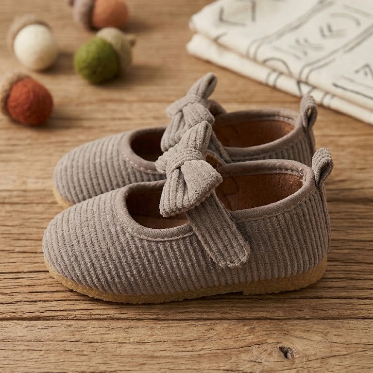 Warm Taupe Ribbed Corduroy Bow Mary Janes