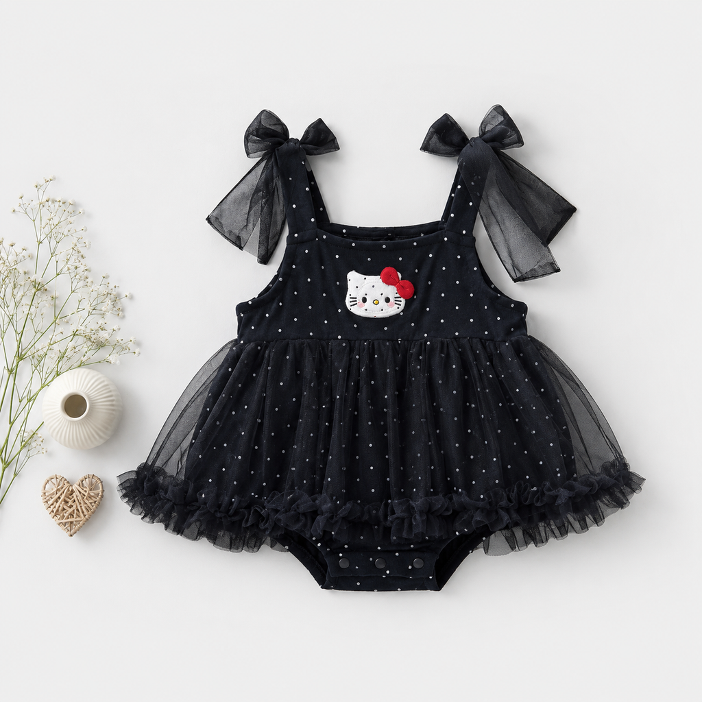 Black Polka Dot Tulle Romper with Cat Applique