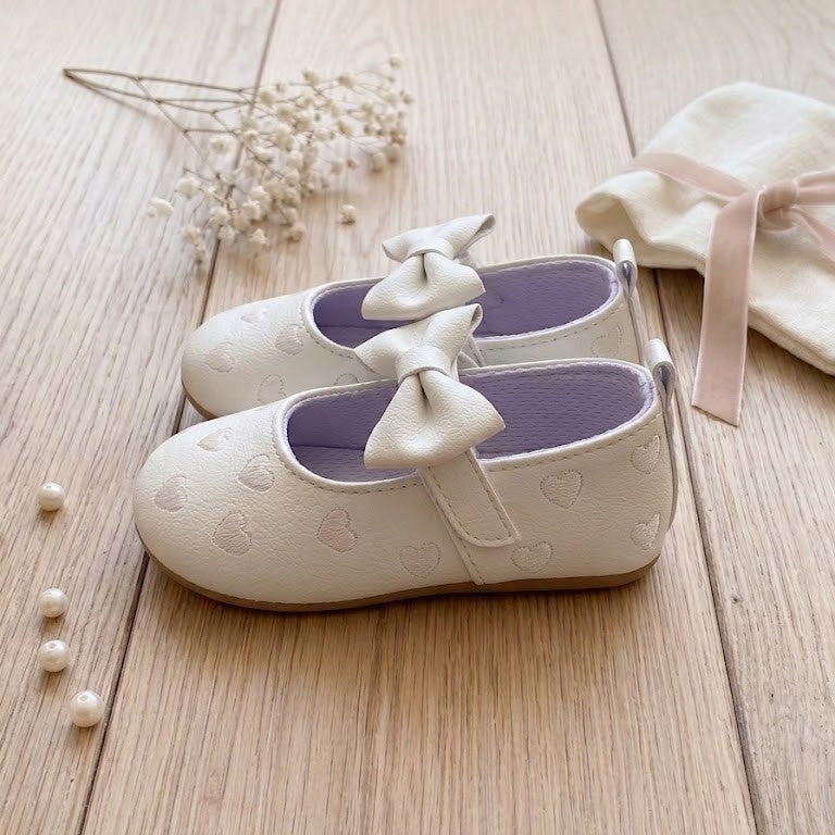 White Embroidered Heart Bow Mary Janes