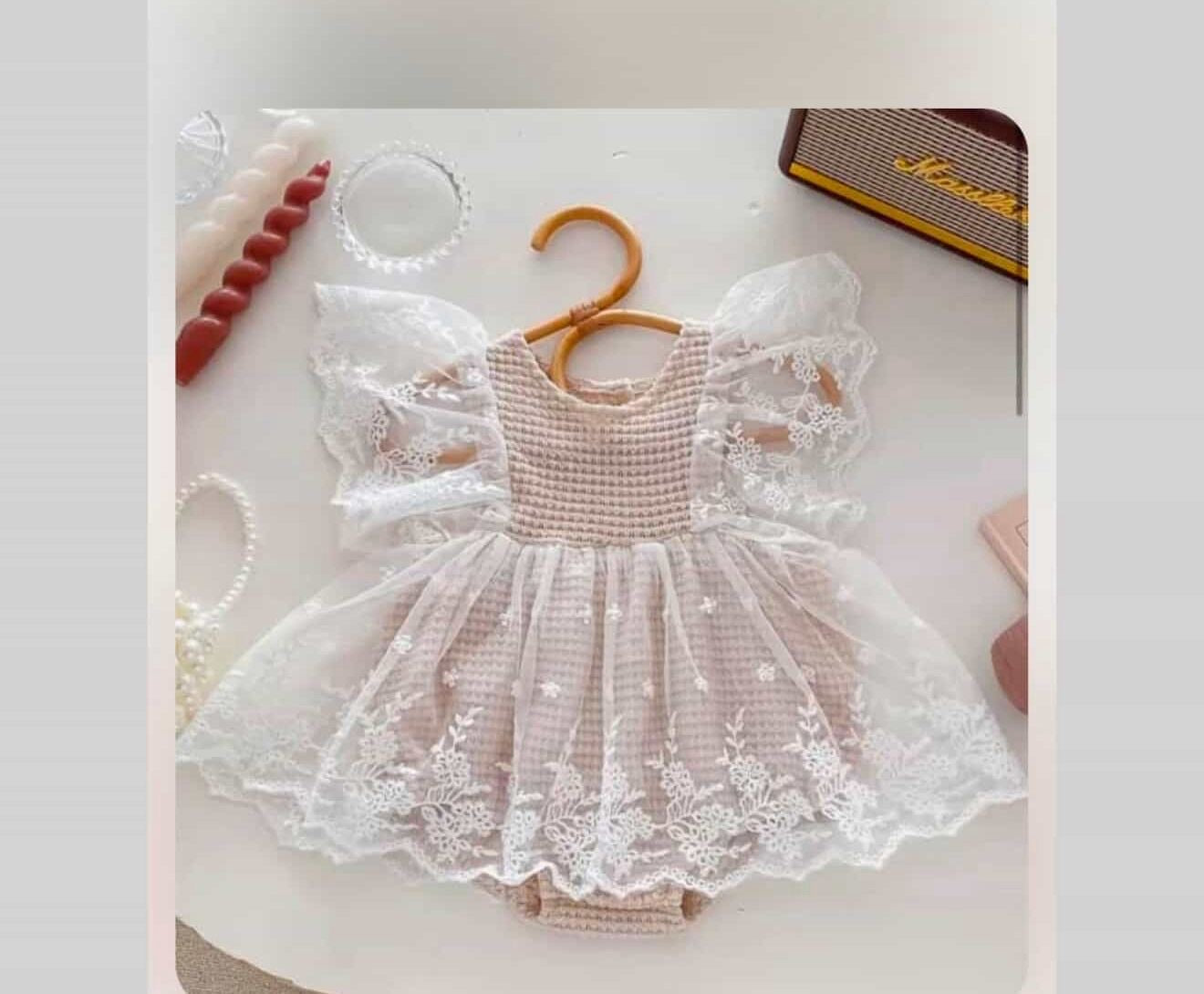 Ivory Lace Baby Dress Romper with Ruffle Sleeves | Premium Baby Girl Occasion Wear