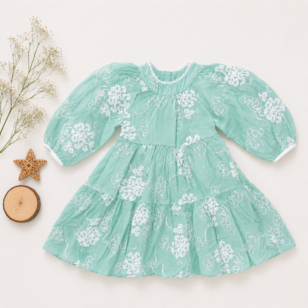 Ethereal Organza Tiered Dress with White Cloud Embroidery