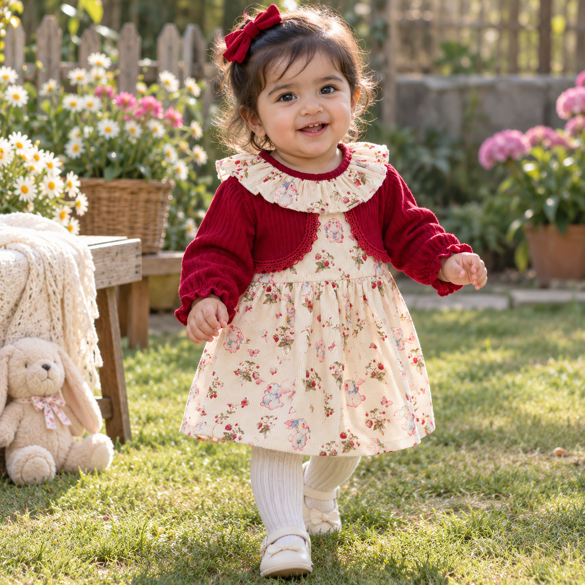 Floral Long Sleeve Baby Girl Dress with Strawberry Purse