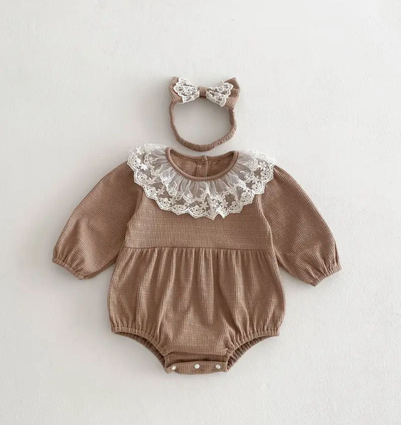 Vintage Lace Collar Baby Romper with Matching Headband