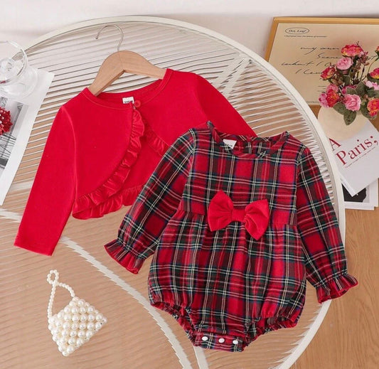 Classic Red Tartan Romper Set with Shrug