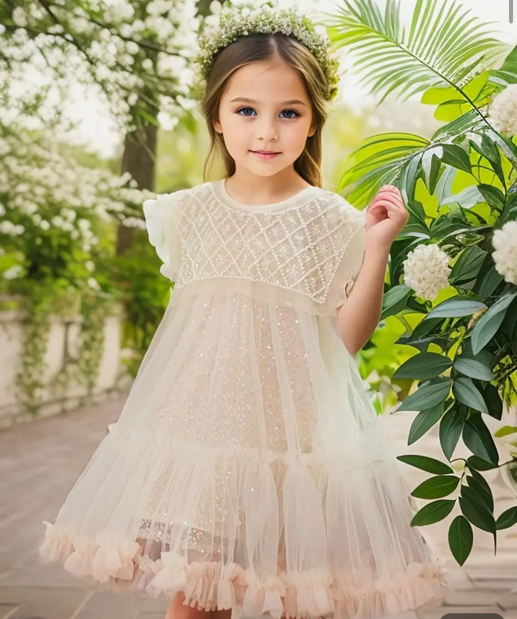 Butterfly Tulle Party Dress for Girls – Beige