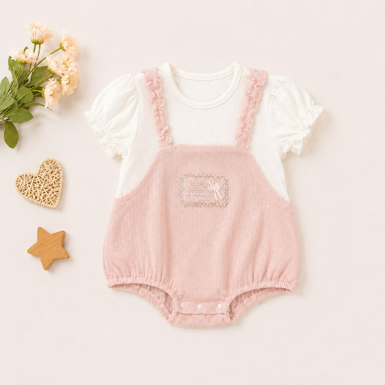 Dusty Pink Overall Romper with White Top, 2 Piece Set