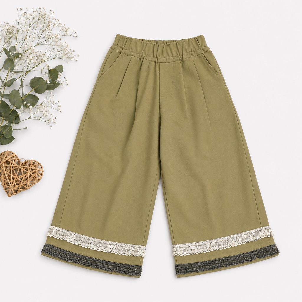 Ruffle Hem Wide-Leg Pants, Cream, Olive & Grey