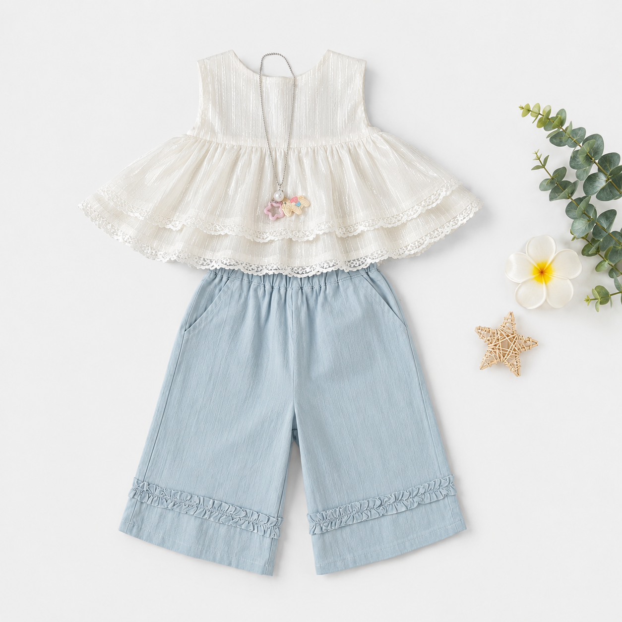 Eyelet Lace Top & Shorts Set, Pink & Blue