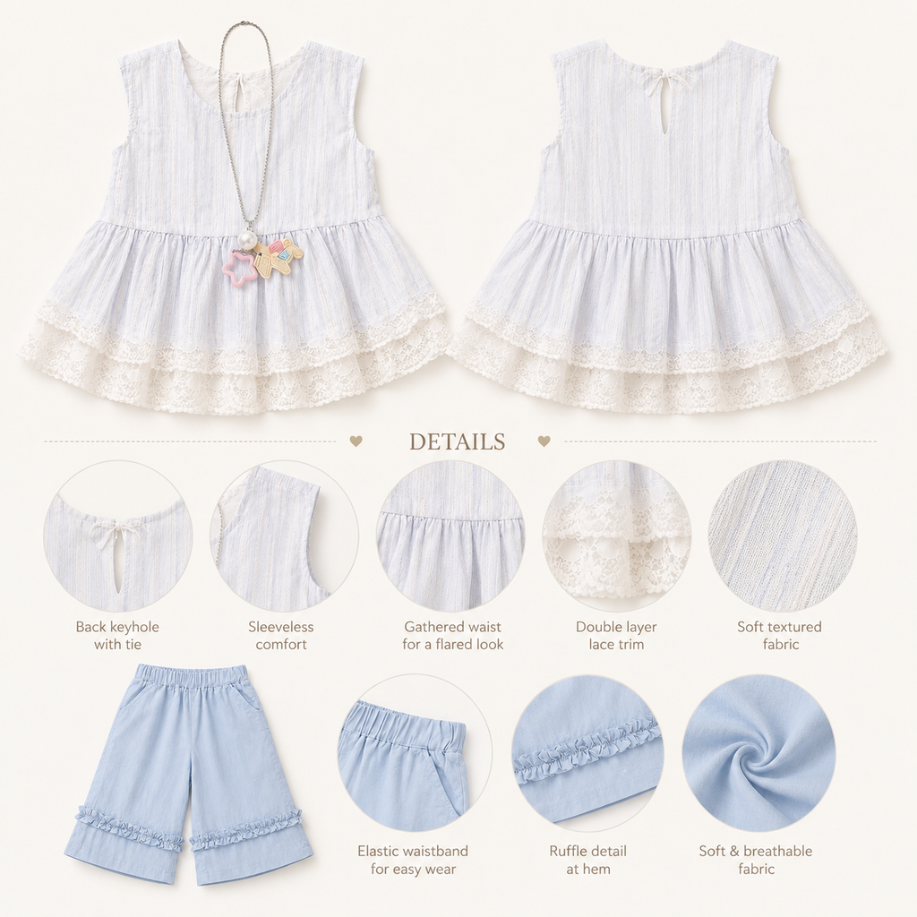 Eyelet Lace Top & Shorts Set, Pink & Blue