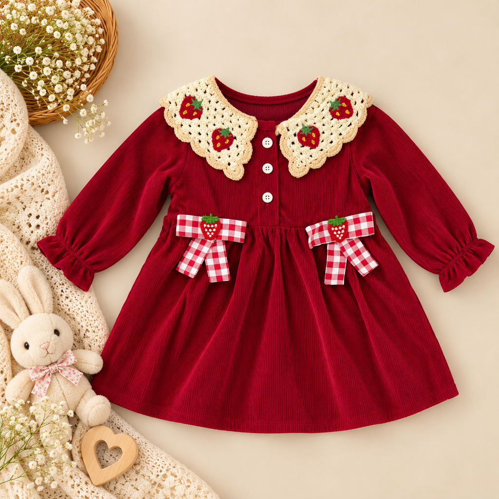 🍓 Strawberry Collar Baby Girl Long Sleeve Dress