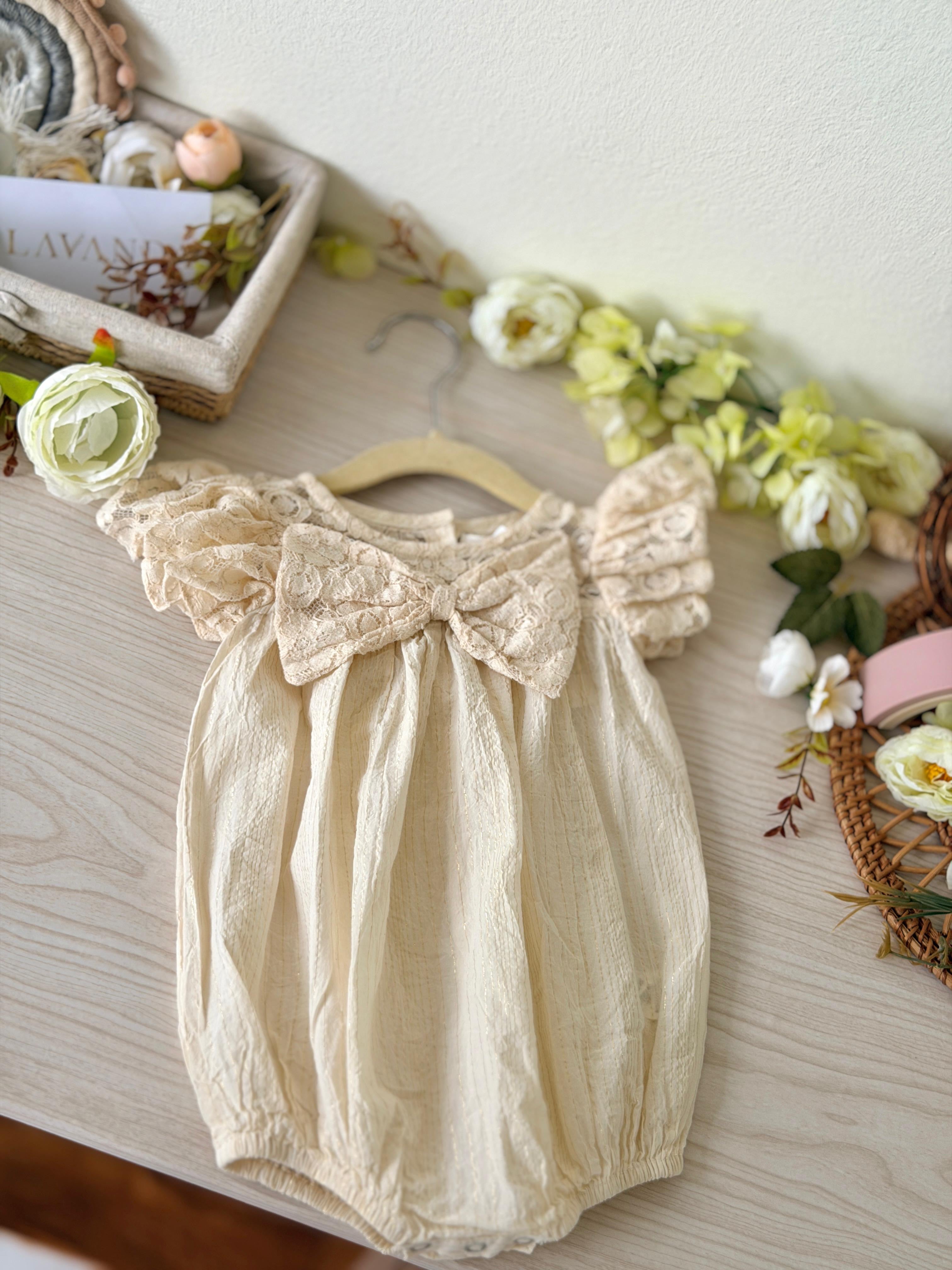 Cream Textured Lace Bow Romper