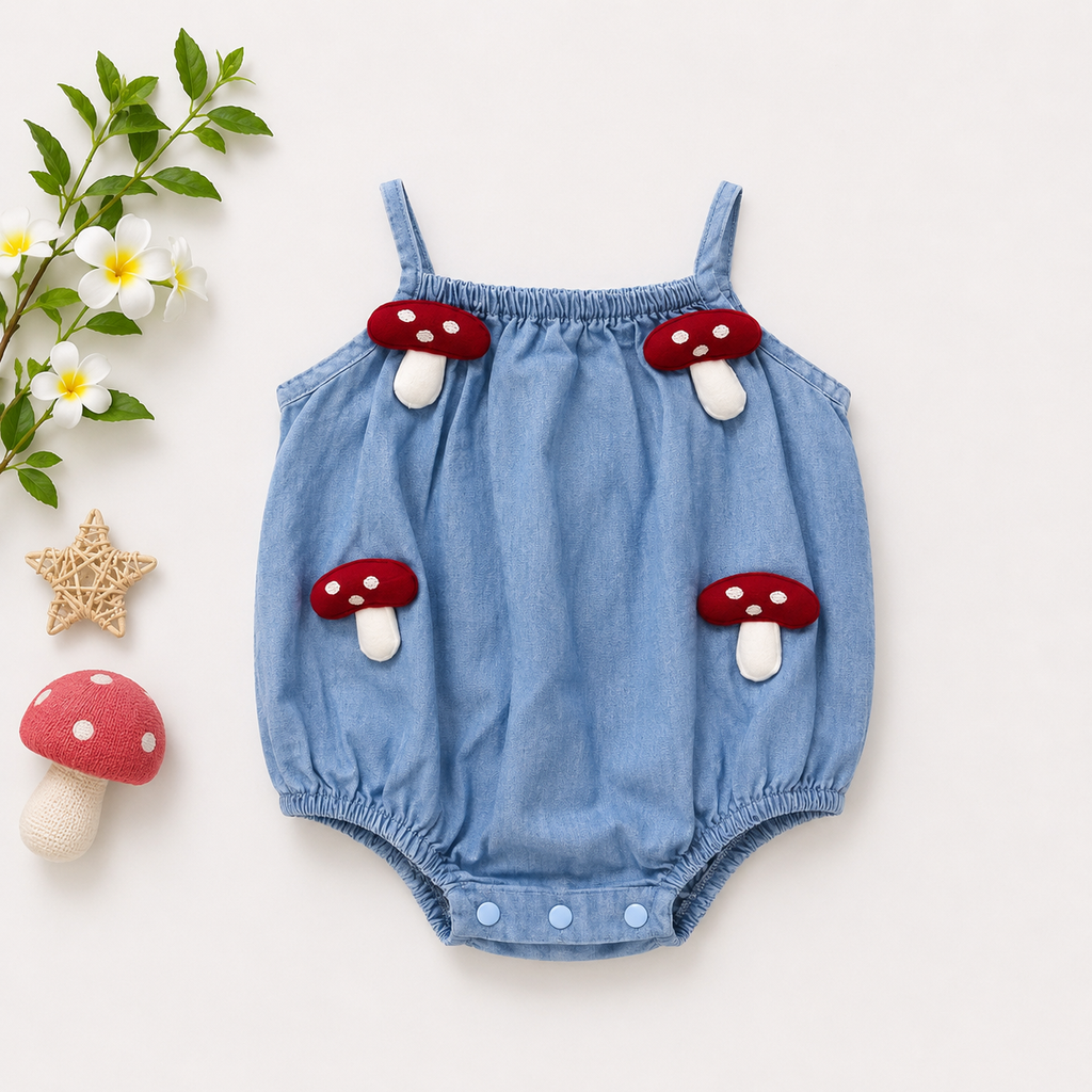 Baby Girls Blue Mushroom Appliqué Bubble Romper | Sleeveless Cotton Summer Outfit