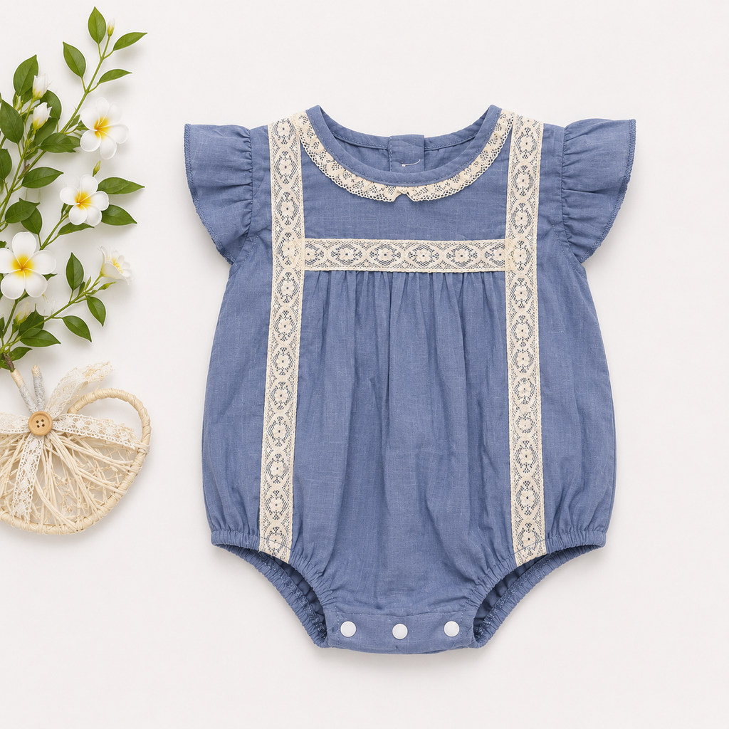 Baby Girls Blue Lace Trim Bubble Romper | Vintage Cotton Romper with Flutter Sleeves