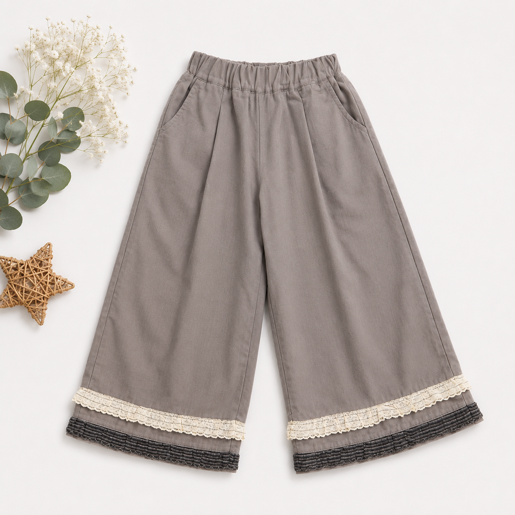 Ruffle Hem Wide-Leg Pants, Cream, Olive & Grey