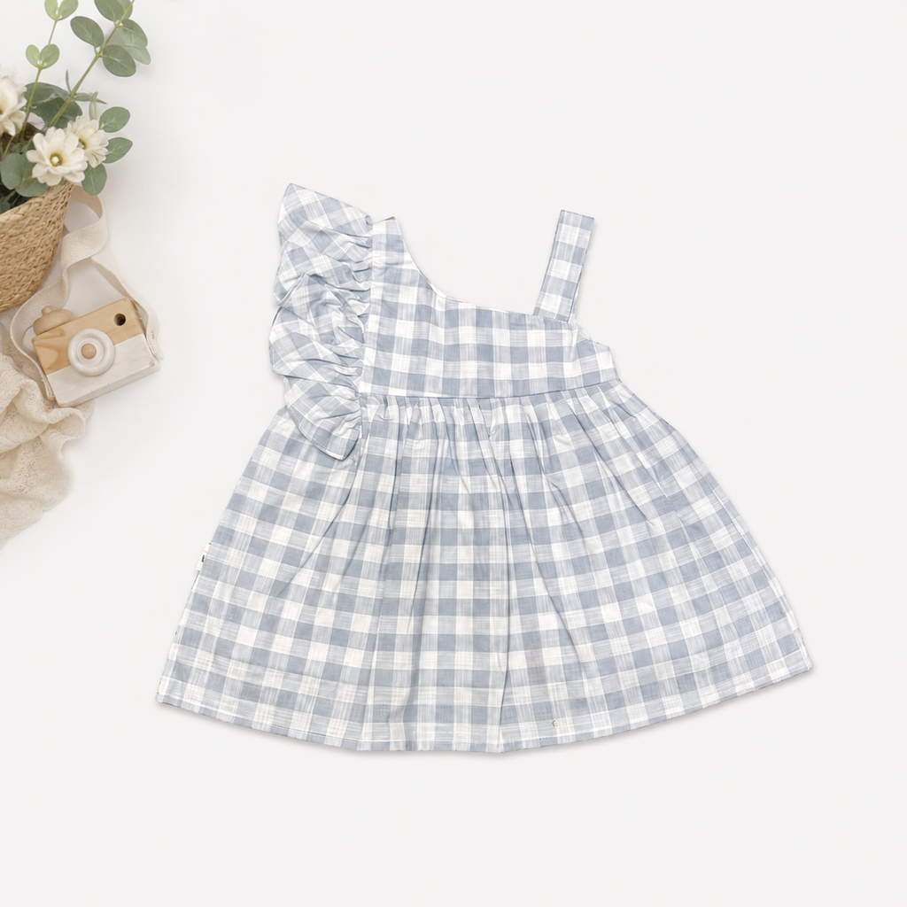 Lavanda Blue Gingham Ruffle Dress for Girls