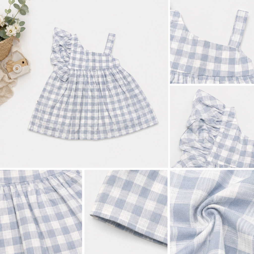 Lavanda Blue Gingham Ruffle Dress for Girls