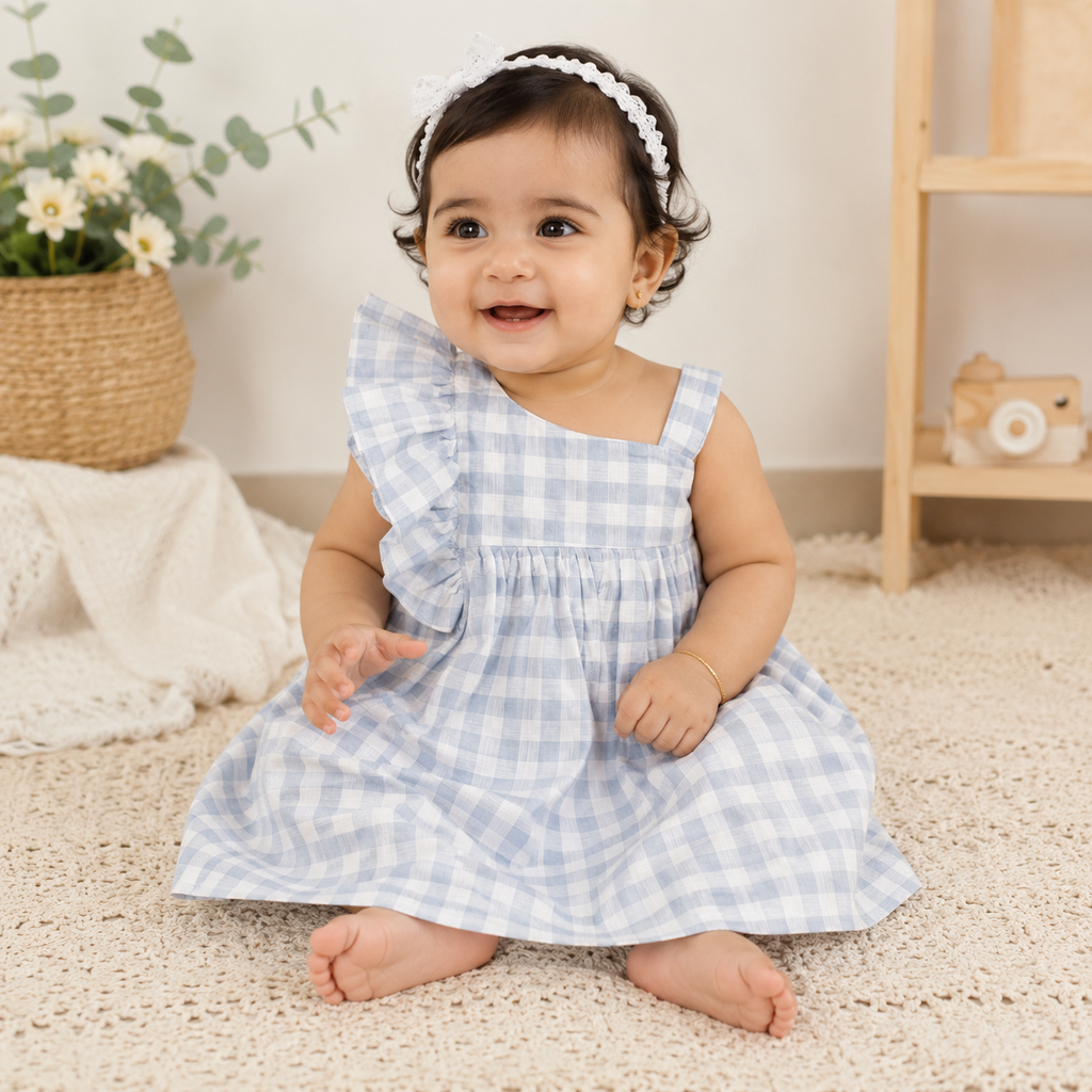 Lavanda Blue Gingham Ruffle Dress for Girls