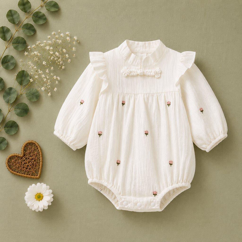 White Embroidered Baby Romper with Ruffle Collar | Premium Baby Girl Wear