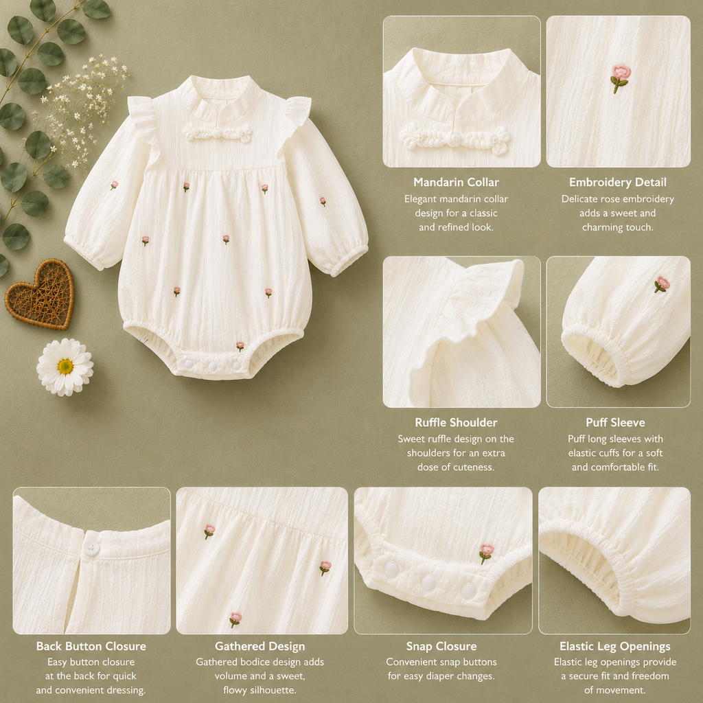White Embroidered Baby Romper with Ruffle Collar | Premium Baby Girl Wear