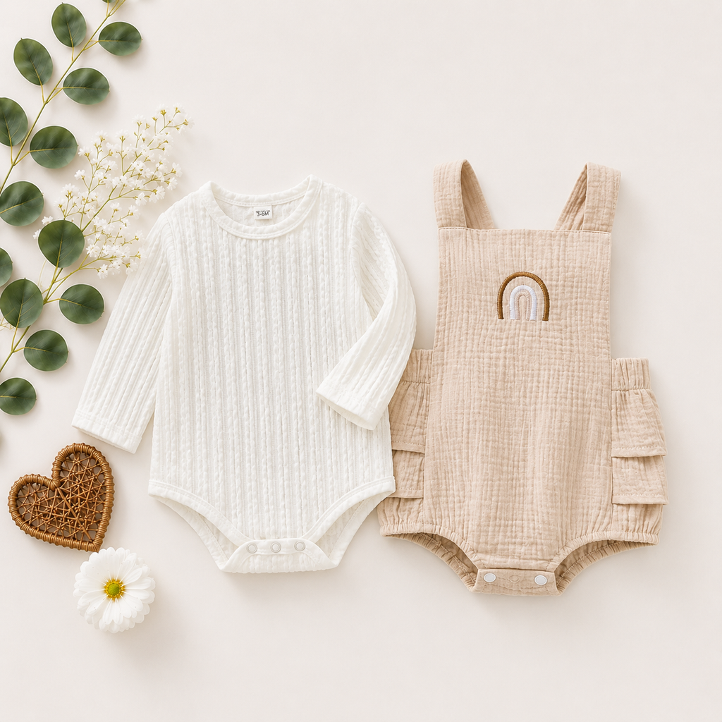 Neutral Knit Baby Romper Set with Dungaree | Premium Baby Unisex Wear
