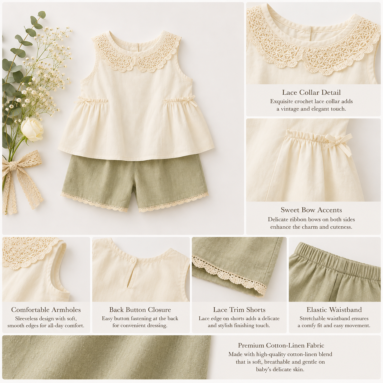 Embroidered Collar Baby Girl Summer Outfit Set