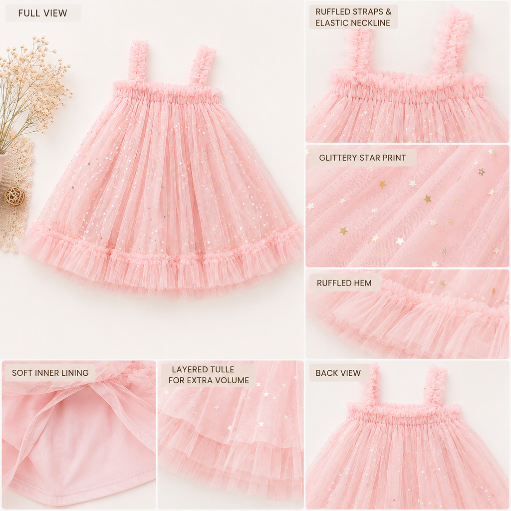 Girls Pink Star Tulle Party Dress – Toddler & Baby