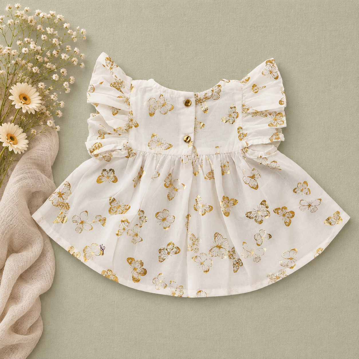 White Gold Butterfly Print Baby Girl Co-ord Set | Premium Flutter Sleeve Top & Bloomers (0–3 Years)