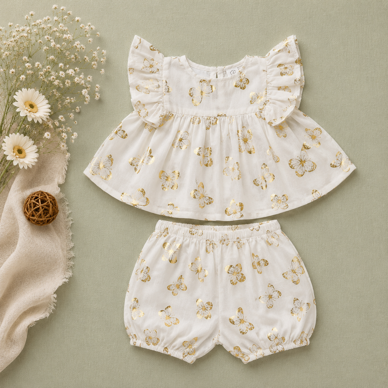 White Gold Butterfly Print Baby Girl Co-ord Set | Premium Flutter Sleeve Top & Bloomers (0–3 Years)