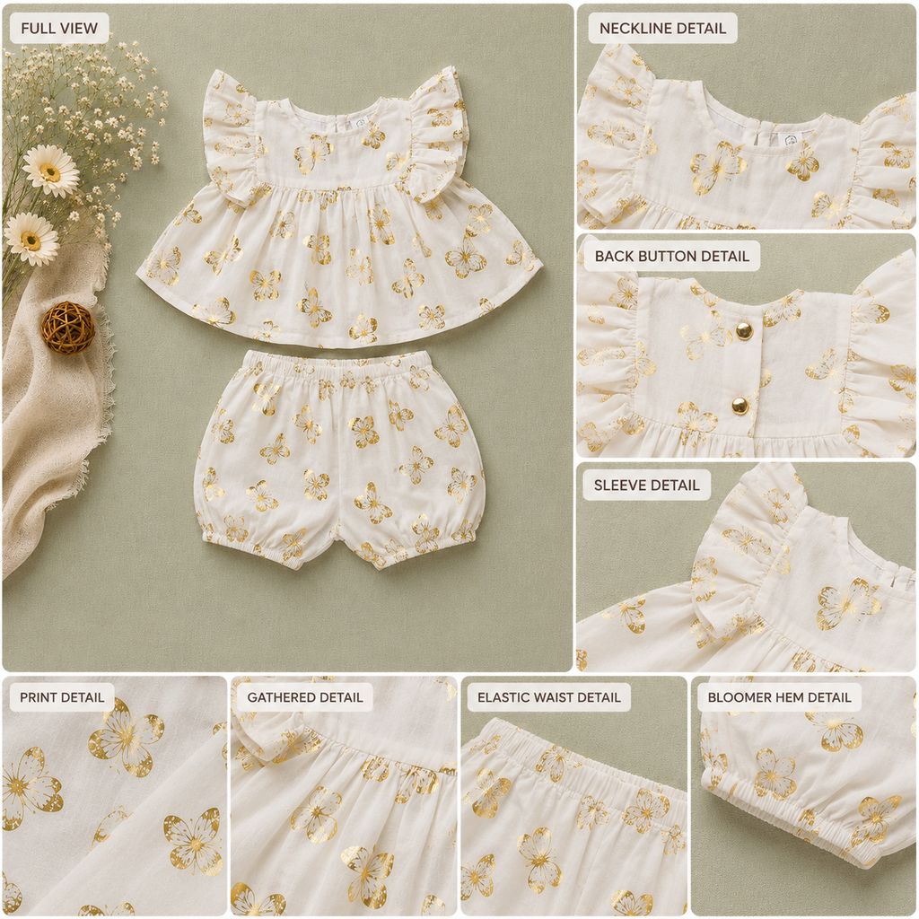 White Gold Butterfly Print Baby Girl Co-ord Set | Premium Flutter Sleeve Top & Bloomers (0–3 Years)