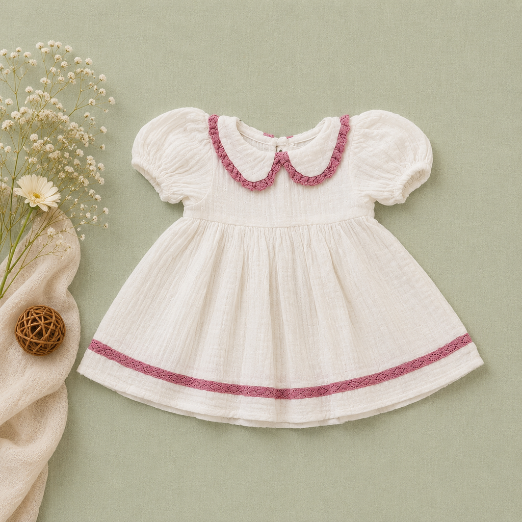 White Muslin Baby Girl Dress | Puff Sleeve Peter Pan Collar Dress (0–3 Years)