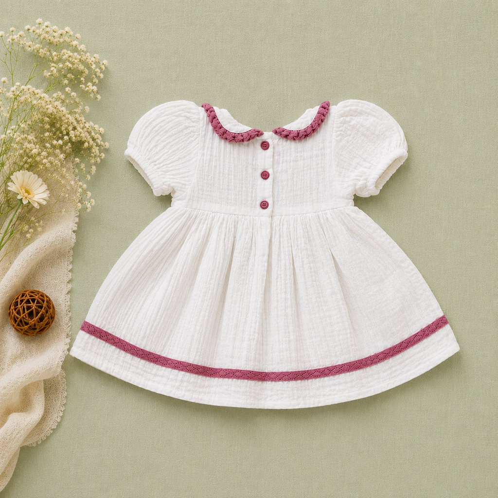 White Muslin Baby Girl Dress | Puff Sleeve Peter Pan Collar Dress (0–3 Years)