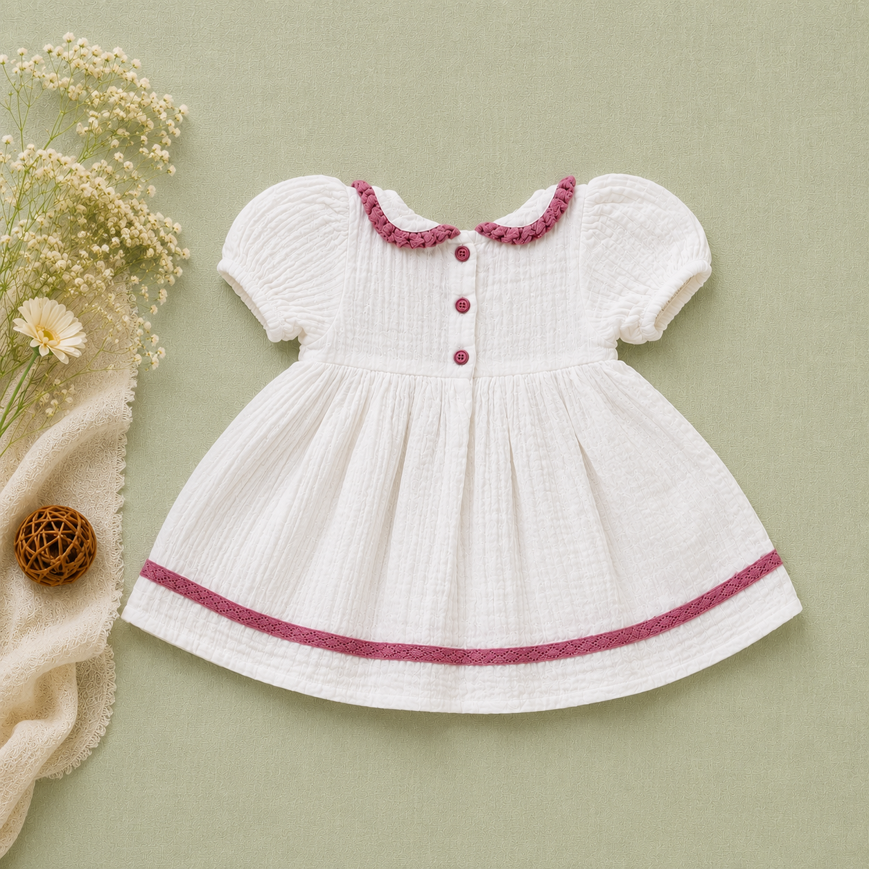 White Muslin Baby Girl Dress | Puff Sleeve Peter Pan Collar Dress (0–3 Years)