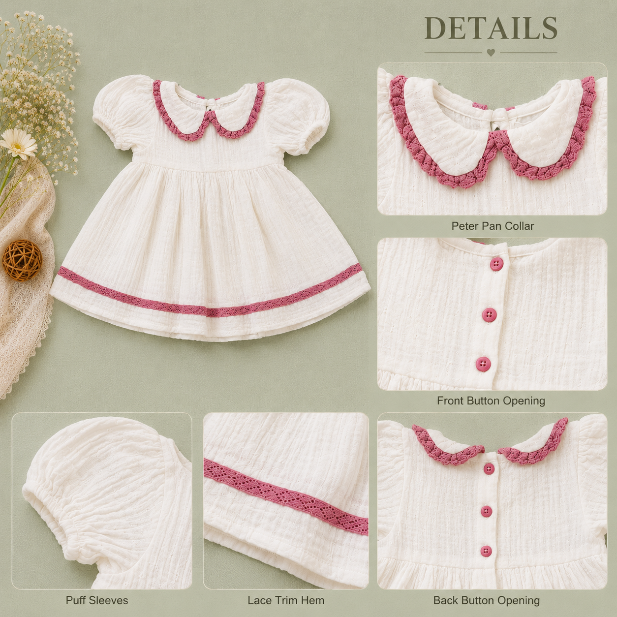 White Muslin Baby Girl Dress | Puff Sleeve Peter Pan Collar Dress (0–3 Years)