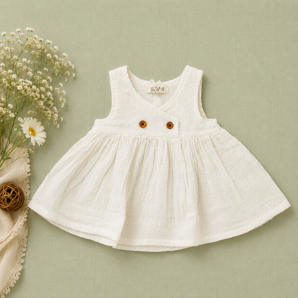 White Muslin Baby Girl Dress | Sleeveless Soft Cotton Muslin Dress for Girls
