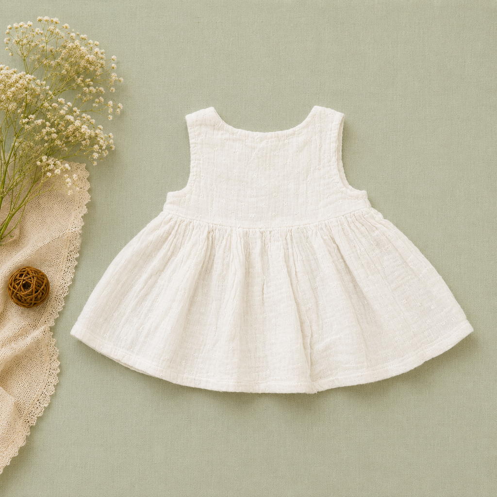 White Muslin Baby Girl Dress | Sleeveless Soft Cotton Muslin Dress for Girls