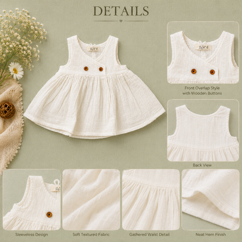 White Muslin Baby Girl Dress | Sleeveless Soft Cotton Muslin Dress for Girls