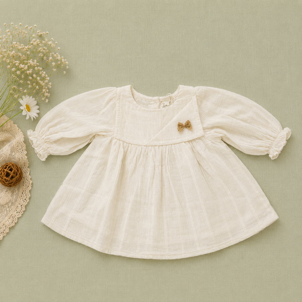 White Muslin Baby Girl Dress | Full Sleeve Puff Dress with Bow