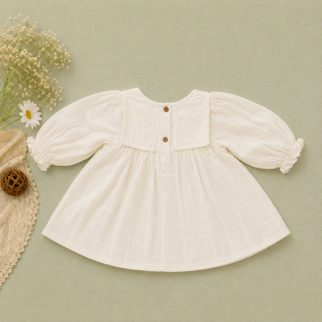 White Muslin Baby Girl Dress | Full Sleeve Puff Dress with Bow