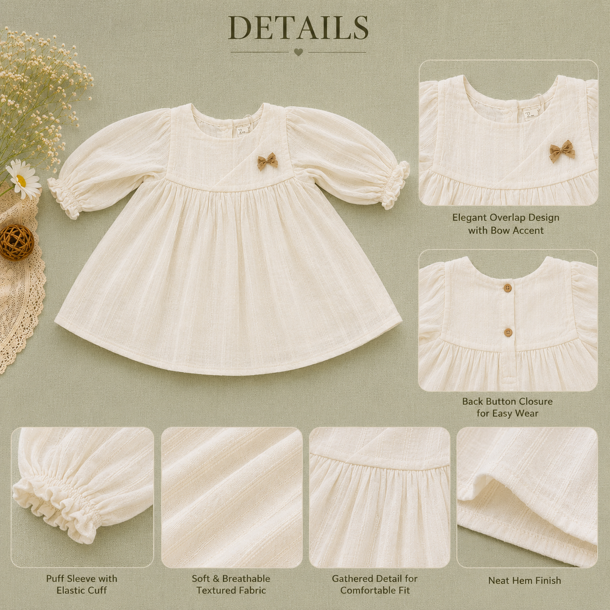 White Muslin Baby Girl Dress | Full Sleeve Puff Dress with Bow