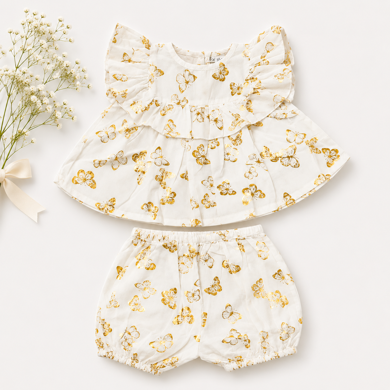 White Gold Butterfly Print Baby Girl Co-ord Set | Premium Flutter Sleeve Top & Bloomers (0–3 Years)