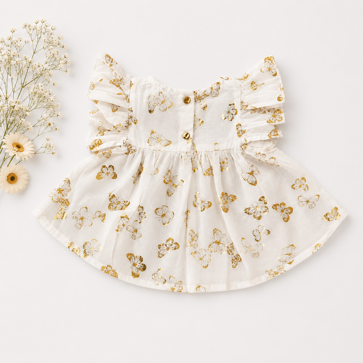 White Gold Butterfly Print Baby Girl Co-ord Set | Premium Flutter Sleeve Top & Bloomers (0–3 Years)