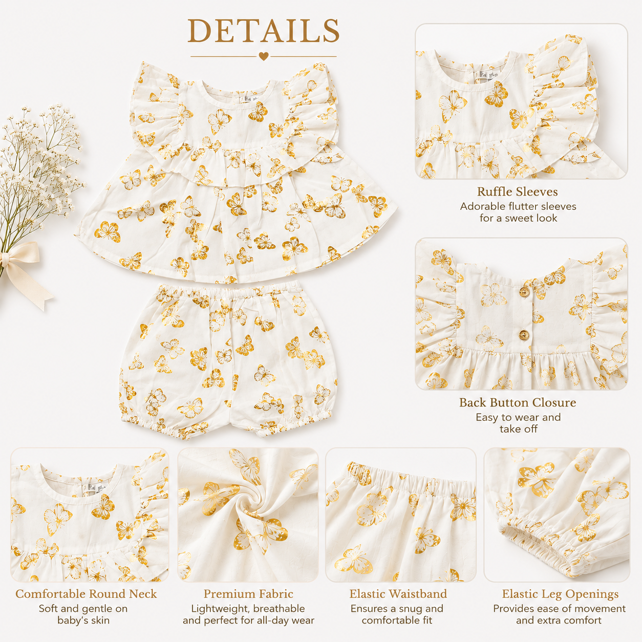 White Gold Butterfly Print Baby Girl Co-ord Set | Premium Flutter Sleeve Top & Bloomers (0–3 Years)
