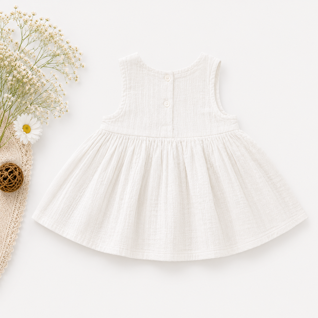 White Muslin Baby Girl Dress | Sleeveless Soft Cotton Muslin Dress for Girls