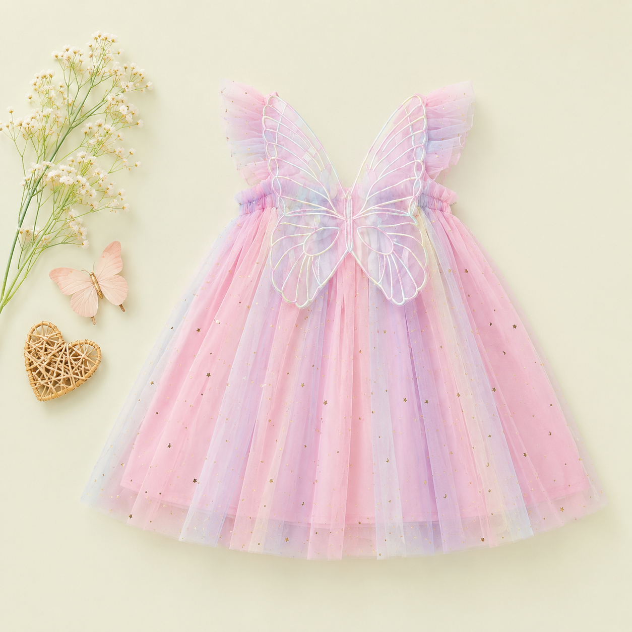 Pastel Rainbow Tulle Baby Party Dress with Butterfly Bow | Premium Baby Girl Occasion Wear