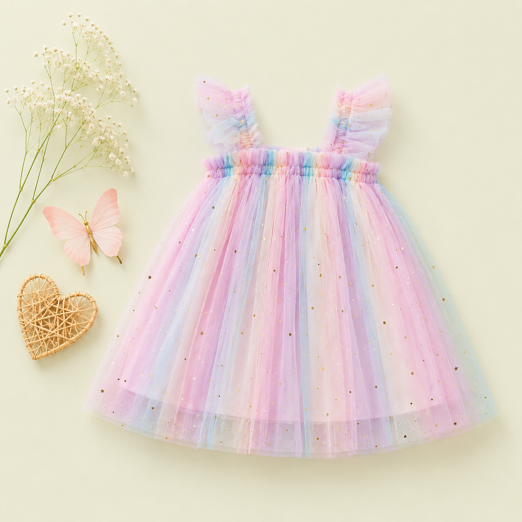 Pastel Rainbow Tulle Baby Party Dress with Butterfly Bow | Premium Baby Girl Occasion Wear