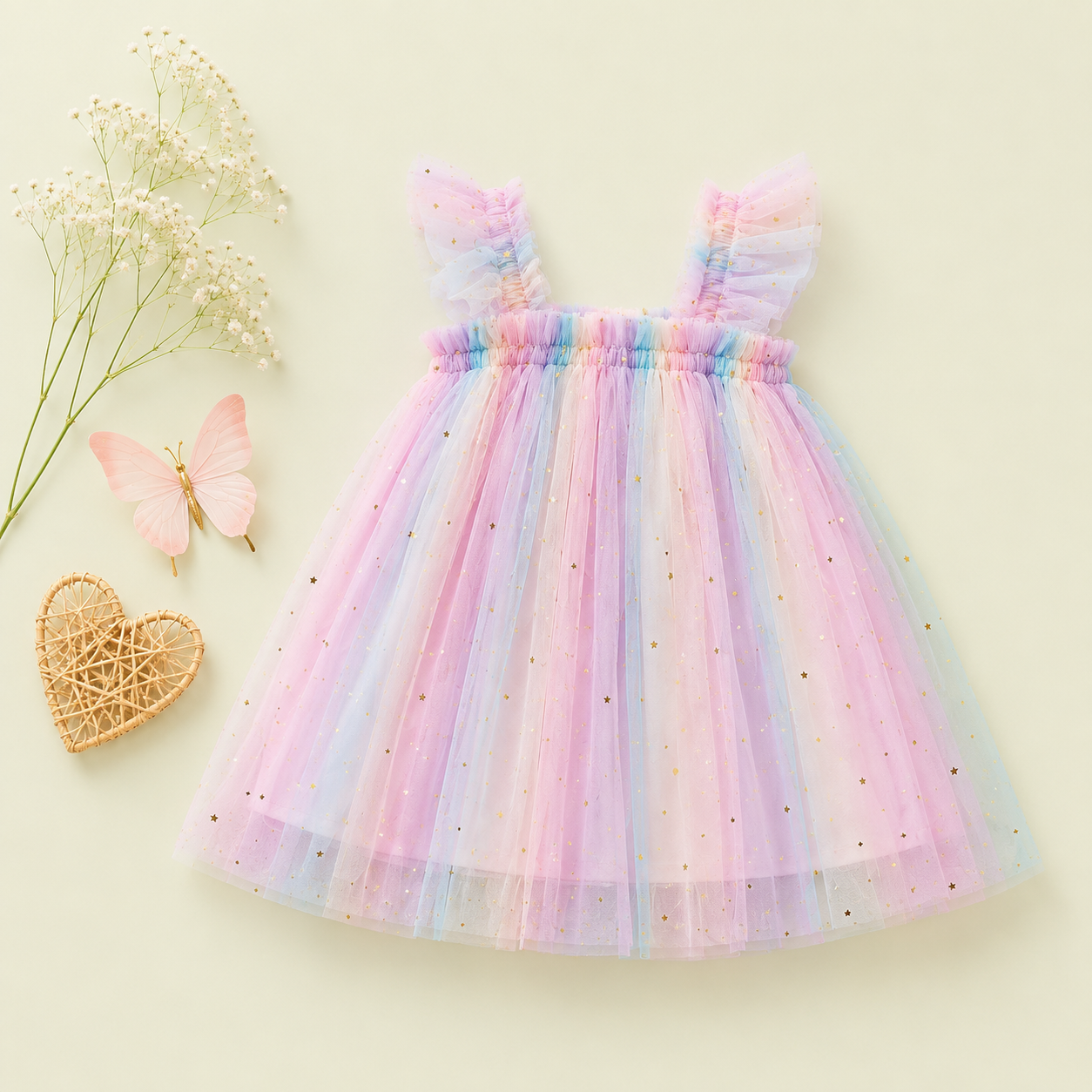 Pastel Rainbow Tulle Baby Party Dress with Butterfly Bow | Premium Baby Girl Occasion Wear