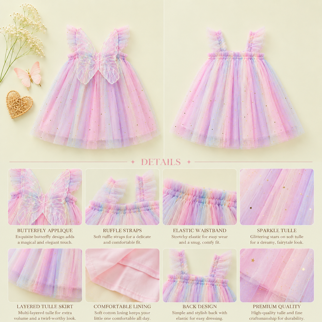 Pastel Rainbow Tulle Baby Party Dress with Butterfly Bow | Premium Baby Girl Occasion Wear